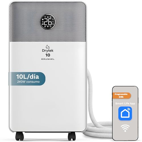 Deshumidificador eléctrico portátil Grunkel Drytek con drenaje contínuo, 10-16L/día, Panel Táctil control Wi-Fi por app, 100m³/h, Depósito 2L, 240-280W, Bajo Consumo silencioso 42dB temporizador 24h