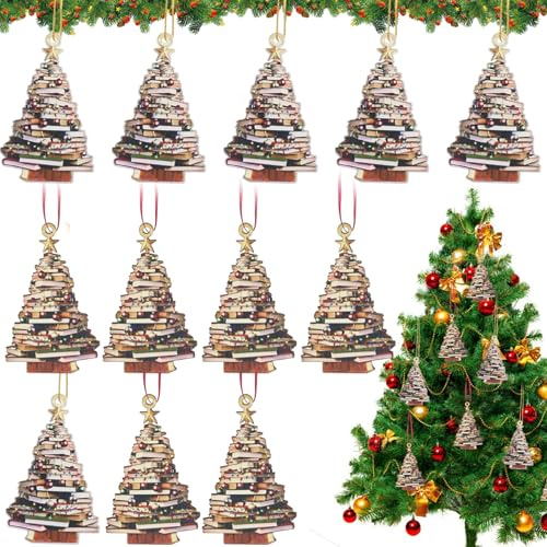 Weihnachtsbaumschmuck,2D Bücher Deko 12Stück Weihnachtsanhänger Acryl Weihnachtsbaum Anhänger Bücherregal-Anhänger Baumform Bücherregal Ornament Tannenbaumschmuck Weihnachtsdeko Auto Ornament