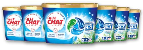 Le Chat - L'Expert - Disc 4en1 - Parfum Souffle de Fraicheur - Sans Conservateurs - Dissolution Rapide - Ingrédients Sélectionnés avec Soin - Efficace à Froid -Respect des Fibres - 6x25 Capsules