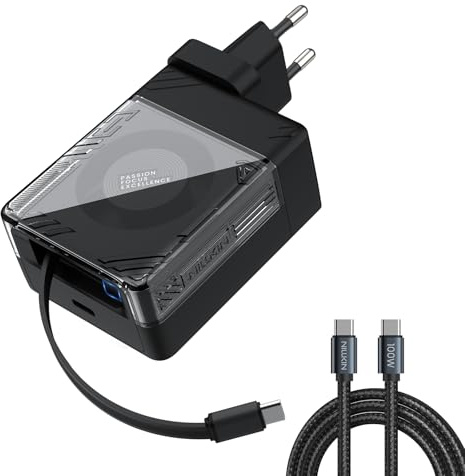 Nillkin USB C Ladegerät 65W GaN Schnellladegerät,2-Port PPS Netzteil mit Einziehbarem 73 cm Kabel + 180 cm USB C Kabel,Kompaktes Reiseladegerät kompatibel mit MacBook Pro/Air,iPhone 17-8,iPad-Schwarz