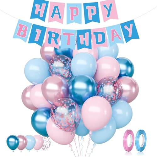 33 Stück 30,5 cm rosa und blaue Luftballons Set, Stitch Geburtstagsdekorationen, Pastell Rosa Blau Konfetti Ballons und Happy Birthday Banner für Geschlecht Enthüllung Baby Shower Hochzeit Brautparty