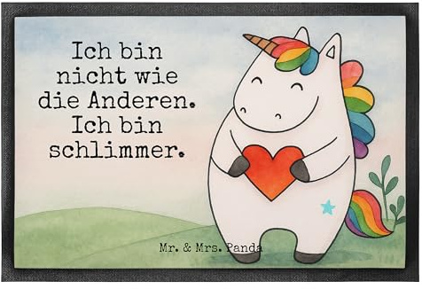 Mr. & Mrs. Panda Schmutzmatte Einhorn Herz Design 40 x 60 cm - Geschenk, Bodenvorleger, Einhörner, Bunt, Sauberlaufmatte, Fussmatte, Unicorn, Fußabstreifer, Witzig, Freundin, fußmatte
