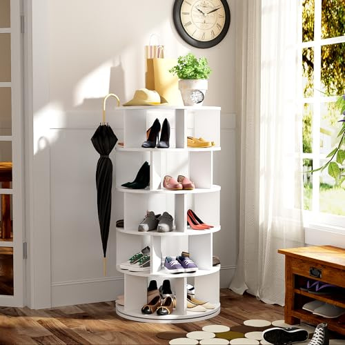 Easexcy Schuhregal, drehbarer Winkel, weiß rund, 5 Ebenen, Höhe 115 cm, Breite 60 cm