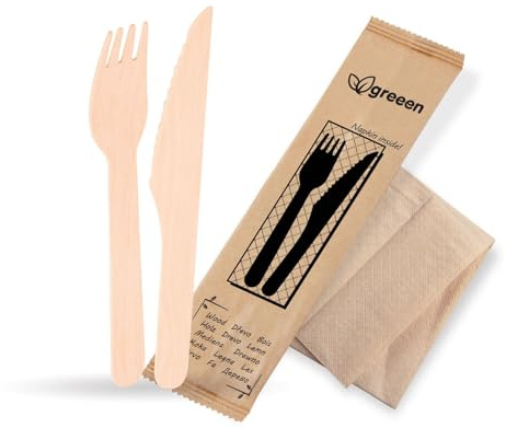 VEPATIM 1000 Einweg Bestecksets aus Holz kompostierbar 3-teilig Gabel Messer Serviette hygienisch verpackt 50 Sets