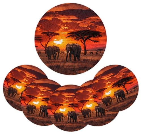 Mexpekil Runde Platzsets mit Elefantenmotiv, Motiv: Afrika, Wildtiere, Sonnenuntergang, rutschfest, hitzebeständig, gewebte Tischsets für Esstisch, waschbare Küchentischmatten, moderne Dekoration für