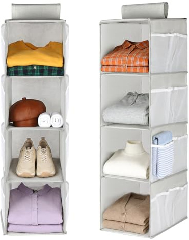 AOOWU Hängeorganizer, Kleiderschrank Organizer Hängend mit 4 Fächern, Hängeregal, Hängeaufbewahrung mit 8 Seitentaschen, Ordnungssystem Kleiderschrank,Tür-Organizer Faltbar und mit Klettverschluss