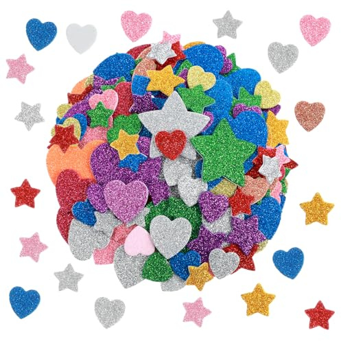 150 Stück Sterne Herz Glitzer Moosgummi Selbstklebend Glitzer Sticker Herz Sterne Glitzernde Stern Aufkleber Stern Schaumstoff Sternsticker Glitter Gold Star Stickers für DIY Basteln