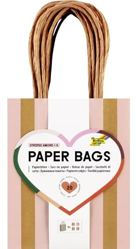 Folia 21224 - Paper Bags Stripes Amore S, 20 Papiertüten aus 110 g/m² FSC-Mix Papier in 4 Farben, ca. 12 x 15 x 5,5 cm, zum Basteln, Verzieren und Verschenken