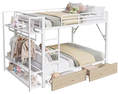 SOFTWEARY Etagenbett mit Schubladen, Leiter, Regal, RGB LED-Streifen, Kleiderstange, Lattenrost, Rausfallschutz, Kinderbett, Metallbett (weiß, 140x200 cm)