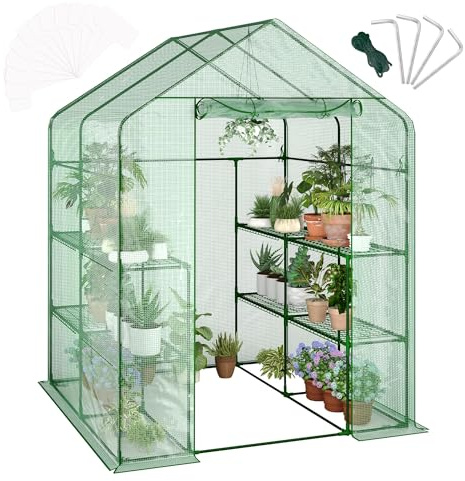 Garvee Serra da Giardino a Casetta, 143x143x195 cm, Serra per Piante Walk-in con 12 Ripiani Rimovibili, Copertura in PE Rinforzato da 140G, per Giardino, Orto e Fiori, Verde