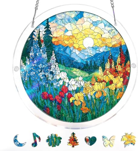 Acrylic Jigsaw Puzzle Suncatcher-Violet Garden Grace, Stained Glass Window Hanging, Home Decor Creative Mom Gifts, Besties 7.4in (2-dawn Blossom Sea)
