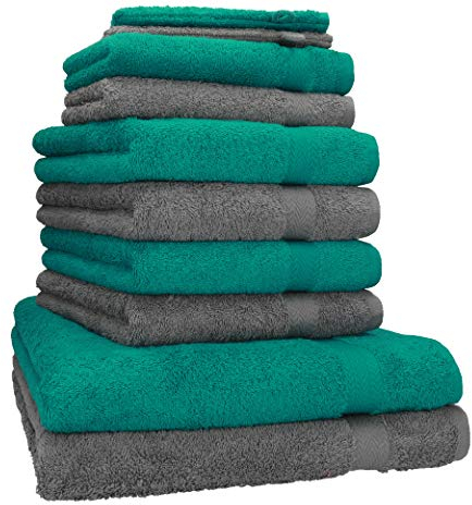 Betz 10-TLG. Handtuch-Set Premium 100% Baumwolle 2 Duschtücher 4 Handtücher 2 Gästetücher 2 Waschhandschuhe Farbe Anthrazit & Smaragd