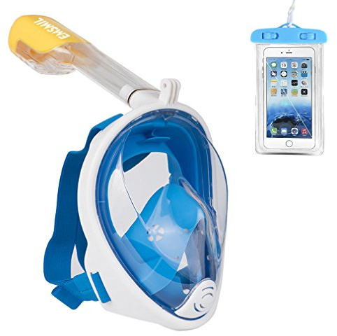 Emsmil Máscara de Buceo para Snorkel 180 Vista Panorámica Fácil Respiración Máscara Completa Anti-Niebla y Anti-Fugas Soporte Cámara con Bolsa de Teléfono Impermeable para Niños Adultos Azul