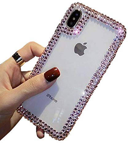 Jesiya 3D Glitter Sparkle Bling Case - Luxury Shiny Crystal Rhinestone Diamond Bumper Clear Protective Case Cover for iPhone Xs/X/10 Pink