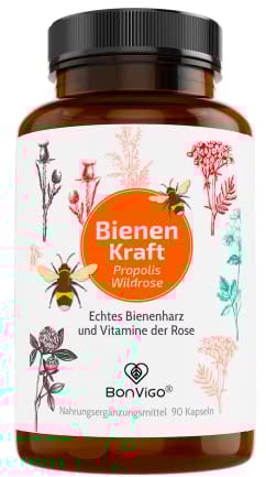 BonVigo® Propolis Kapseln Bienenkraft - Unser PLUS: Wirkung erweitert durch Vitamine der Rose - Pflanzlich reines Vitamin C der Hagebutte: Für Immunsystem und Zellschutz, gegen Müdigkeit* (1)