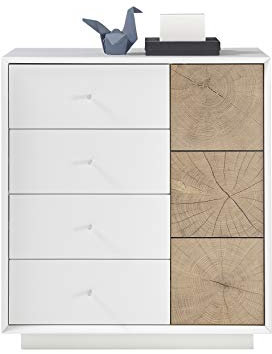 Robas Lund Wohnzimmerschrank Kommode weiß matt, Wohnzimmerschrank mit Absetzung Eiche Hirnholzoptik, BxHxT 76x83x40 cm