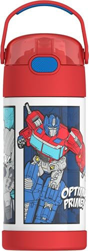 THERMOS FUNTAINER - Botella de agua con pajilla, 12 onzas, Transformers, botella de agua de acero inoxidable aislada al vacío para niños con tapa