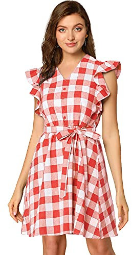 Allegra K Femmes Robe Carreaux Vintage Carreaux Manches Volants Rouge XL