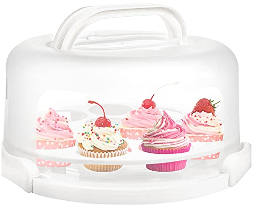 Yesland Cake Carrier with Collapsible Handle - White Cake Container and Holder with Lid - Portable Plastic Round Cake Cover for 10 inch/25cm Cake, Pies, Cookies, Nuts, Muffins, Cupcakes and Fruit