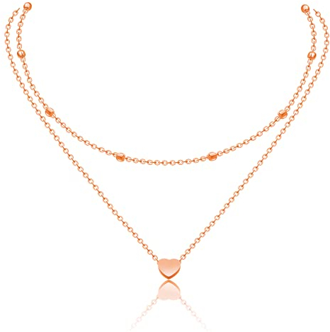 AFSTALR Damen Layered Kette Rosegold Multilayer Halskette Doppelkette für Frauen Kugelkette mit Herz