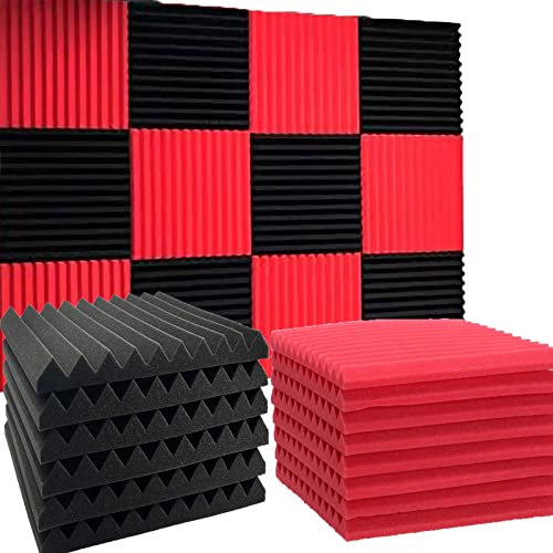 Schwarz/rot Akustikschaumstoff Platten, 25x25x2, 5cm Akustikschaumstoff Schall, Schalldämmende Polsterung, Schall dämmung, feuerfest für Podcasts, Aufnahmestudios, Büros(10 Stück)