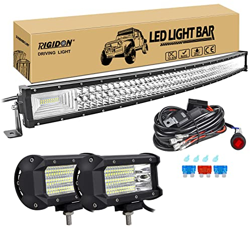 RIGIDON 42 Pulgadas 105 cm 540W curva barra de luz led y 12V kit de cableado, 2x 5 pulgadas 135W foco proyector led, Largo alcance barras luminosas led para todoterreno camión coche tractor ATV 4x4