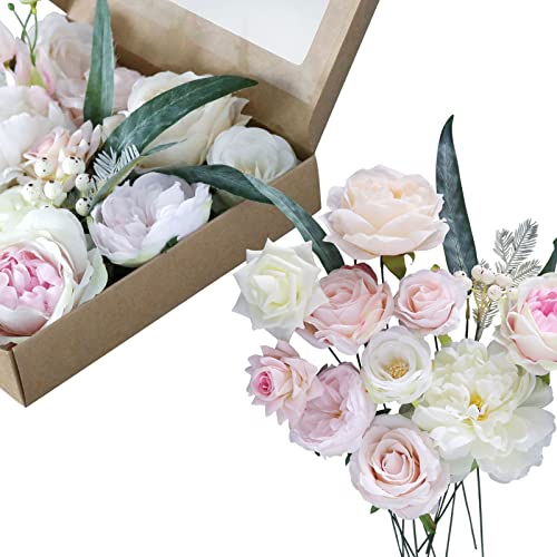 Fouriding Künstliche Blumen, Kunstblumen Gefälschte Rosen Combo DIY für Blumenarrangements, Blumensträuße, Hochzeitsdekoration,Zuhause Dekoration (Rosa weiß)