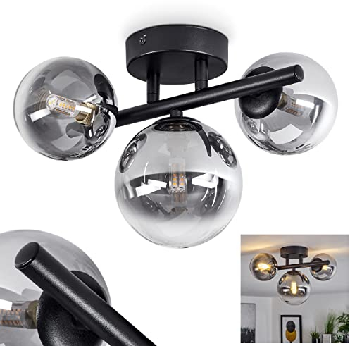 Plafonnier Chehalis, plafonnier moderne en métal/verre noir/fumé, luminaire au design moderne avec abat-jour en verre fumé, 3 flammes, 3 x G9, sans ampoules