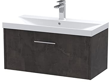 Hudson Reed JNU2625D Juno Wall Hung 1 Drawer Vanity Unit & Thin-Edge Ceramic Basin, 800mm, Matt Metallic Slate