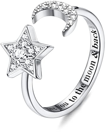 Krfy 925 Sterling Silber Verstellbare Ringe für Damen Mädchen Einstellbare Mondstein Opal CZ Offener Ring Ich Liebe Sie zum Mond&Zurück Ring Stapelbare Knuckle Versprechen Hochzeit Verlobungsringe