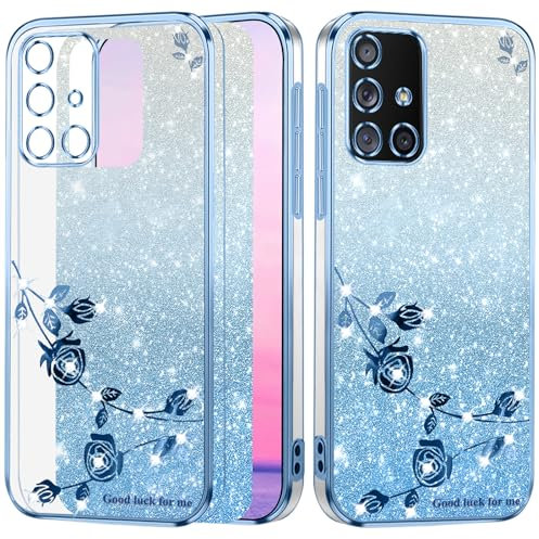 Yarxiawin Kompatibel mit Samsung Galaxy A51 5G hülle Silikon Glitzer Blumen Muster Aesthetic Clear Case, Handyhülle Samsung A51 5G hülle Glitzer Schutzhülle Transparent Motiv Cover (Blau)