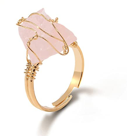 LODMLOER Irregular Rose Quartz Stone Ring-Women Full Wire Wrapped Fluorite Gold-color Resizable Reiki Crystal Jewelry,Handmade Cocktail ring for Party Wedding Jewelry,pink crystal,Resizable
