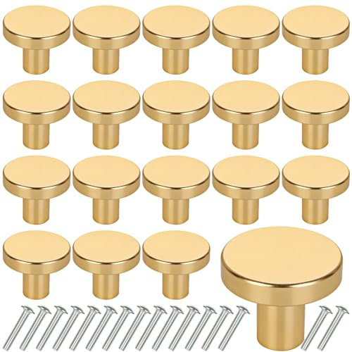 WOPPLXY 20PCS Round Drawer Knobs - Gold Cabinet Kitchen Cupboard Door Handles - 25 x 20MM Aluminum Alloy for Wardrobe, Cupboards, Furniture