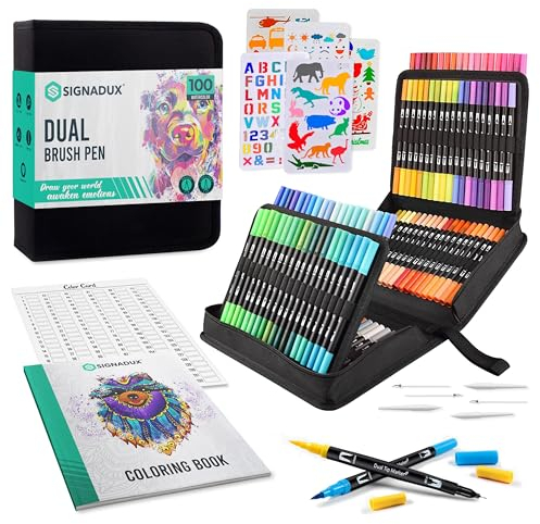 Lettering Marker, Premium-Etui, 100 Farben, 1 Malbuch, 5 Vorlagen zum Zeichnen und 1 Farbkarte, Marker mit doppelter Spitze, Pinsel und feine Spitze, Marker für Erwachsene und Kinder