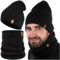 HEYO Herren Übergangsset Slouch Beanie Mütze Warme Strickmütze mellierter Schlauchschal Rundschal Weiche Übergangsmütze Herbst Loopschal Halswärmer 2er Set (Schwarz)