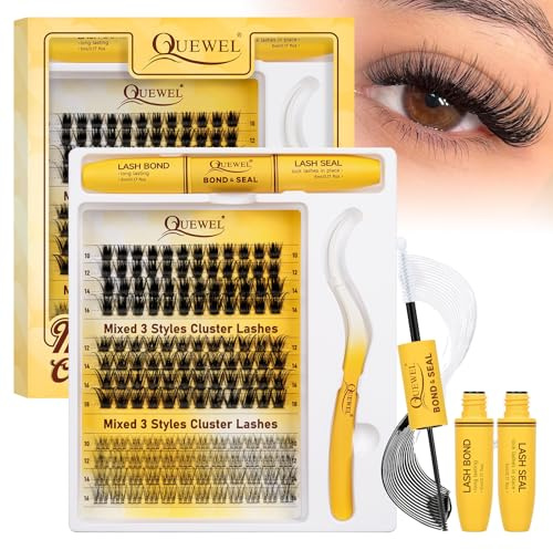 QUEWEL Lash-Cluster Kit 144Pcs D Curl Mixed 3 Styles Eyelashes-Individual Natural Look, Super Thin Band Cluster Lashes Kit for Beginner Easy to Apply at Home(Collection-style B-kit)