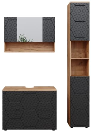 Vicco Badmöbel-Set Irma, Goldkraft Eiche/Anthrazit, 3 Teile, mit Spiegelschrank 80 cm