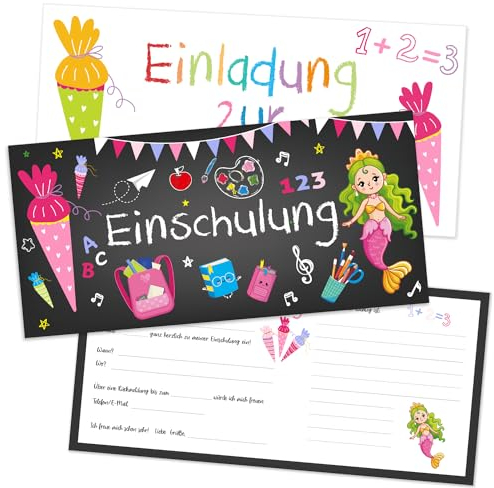 Capaneus 12pcs Einladungskarten Einschulung Meerjungfrau, Einschulung Einladung Mädchen mit Umschlag, Einladungen zum Schulanfang mit Meerjungfrau Motiv, Einladungskarten für Kinder zum Schulbeginn