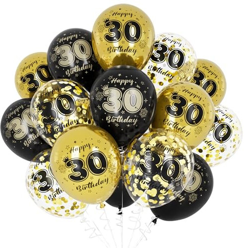 Unisun 30. Geburtstag Luftballons, Dekorationen für Männer Frauen, Happy Birthday Schwarz Gold Jahrestag Ballons Deko für Party Supplies