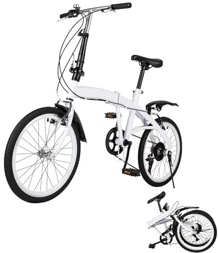 RUETERY Kappfahrrad Erwachsene, Unisex Klapprad 20 Zoll, 6 Gang Klapprad, Verstellbarer Sitz, mit Schutzbleche, Klapprad Erwachsene für Männer, Frauen, Weiß