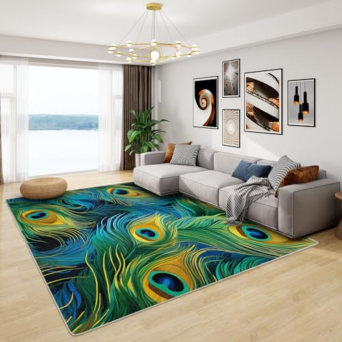 Pfauenfedern Deko - Teppich Wohnzimmer Schlafzimmer Pfau, Großer Teppich Pfauenblau, Weich Kurzflor & Waschbar & rutschfest Wohnzimmerteppich, Kinderteppich, Bettvorleger 120x170 cm