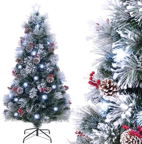 GYMAX 180 cm Albero di Natale Illuminato in Fibre Ottiche, con 63 LED a 8 Modalità di Illuminazione con 220 Rami, Bacche Rosse e Pigne