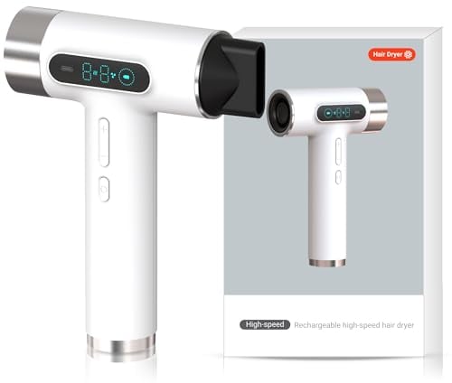 Bewinner Akku Reisefön Pro Neues Upgrade - 100,000 RPM Kabelloser Fön mit Akku, 9 Geschwindigkeiten & 3 Temperaturen, Tragbarer Haartrockner mit Digitalem Bildschirm für Frauen Camping, weiß