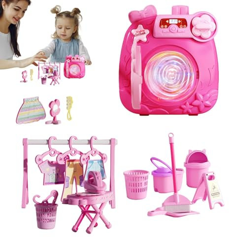 Rukjmqi Spielzeugwaschmaschine, Spielzeugwaschmaschine und -trockner für Kinder, Tragbare Puppenhausmöbel-Waschmaschine, Spielzeug für Mädchen, Lern- und Bildungsspielzeug, Spielzeugset für