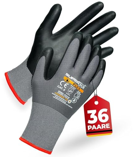 PRESTIGION 36 Paare Arbeitshandschuhe Herren Größe 11-XXL | Arbeitshandschuhe mit Rutschfeste Nitril, Beschichtung , Robust und Abriebfest Handschuhe Arbeitshandschuhe