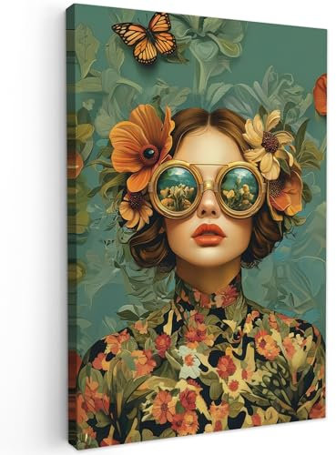 MuchoWow© Bild auf Leinwand Groß 80x120 cm XXL Schlafzimmer Bilder Badezimmer Wand Deko Wohnzimmer Modern Wanddeko Bilderwand Geschenk Frau - Blumen - Schmetterlinge - Natur - Vintage