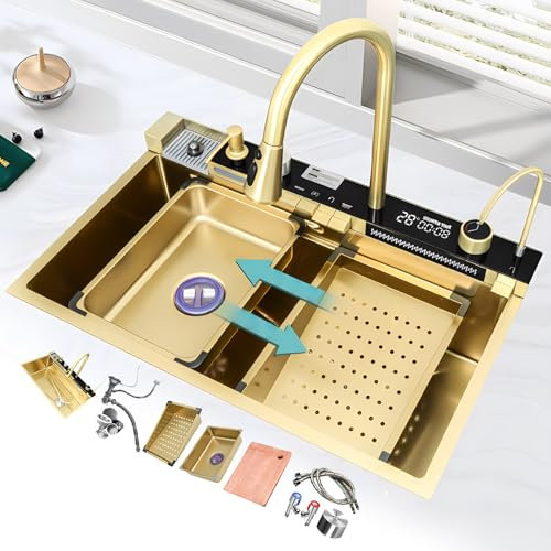 Fregadero De Cocina Inteligente Con Pantalla De Temperatura Fregadero De Acero Inoxidable Para Estación De Trabajo Con Lavavasos Un Solo Tazón Con Revestimiento Nanométrico Y Cascadas Dobles(Glod,80cm