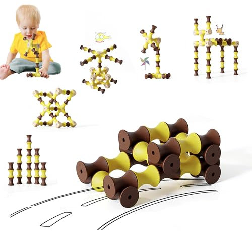 TZJ201, Wooden Blocks for Kids, 60 Pcs Building Blocks for 2 Year Olds, SPINING Montessori Toy for 3 4 5 Year Old Boy Girls, Educational Toddler Toy with Storage Bag, Ideal for Home School Travel