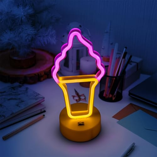 Fanimyholy Eiscreme Neon Schild, Eis Leuchtreklame, Led Neonlicht mit Sockel, USB- und batteriebetrieben, für Partys, Bars, Schlafzimmer, Weihnachtsdekorationen