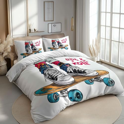 CozyRest Bettwäsche 100 x 135 cm Bettbezug Set 2 Teilig mit 1 Kissenbezügen, Muster Graffiti-Stil Hip-Hop-Skateboard Wende Bettwäsche für Teenager Kinder, aus Weiche Mikrofaser mit Reißverschluss